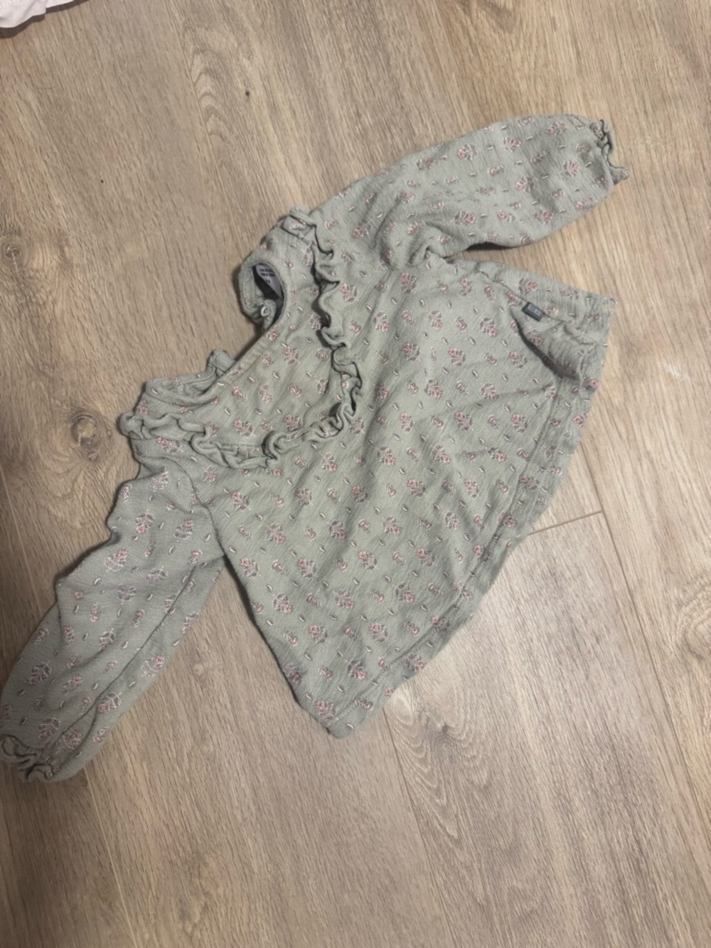 Girls' Ruffle Long-Sleeve Top in Sage with Pink Floral Print